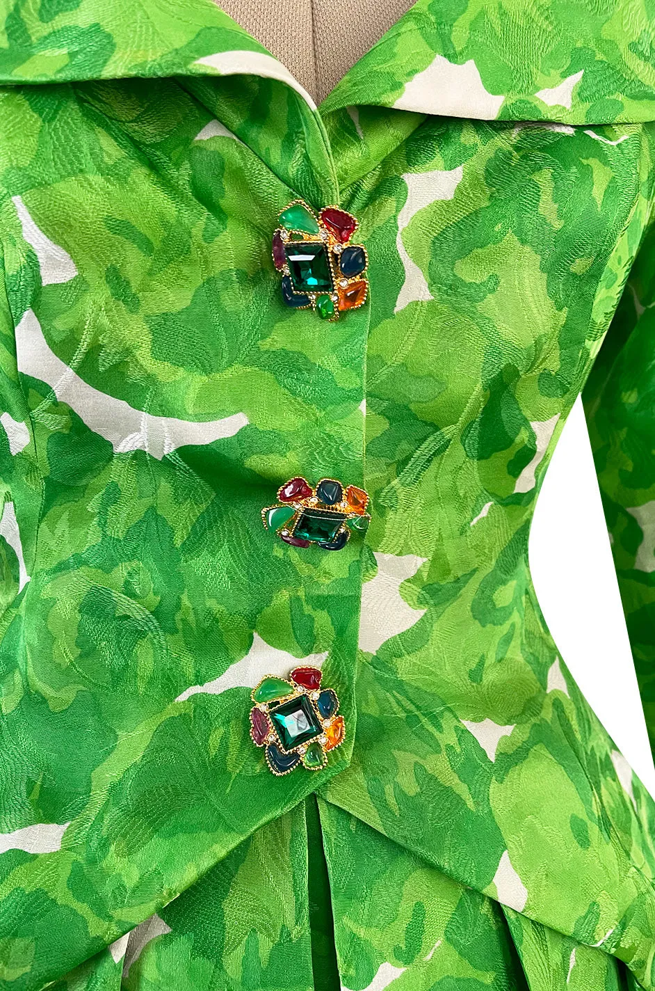 1980s Jean Louis Scherrer Couture Printed Green Silk Gazar Dress w Poured Glass Gripoix Buttons