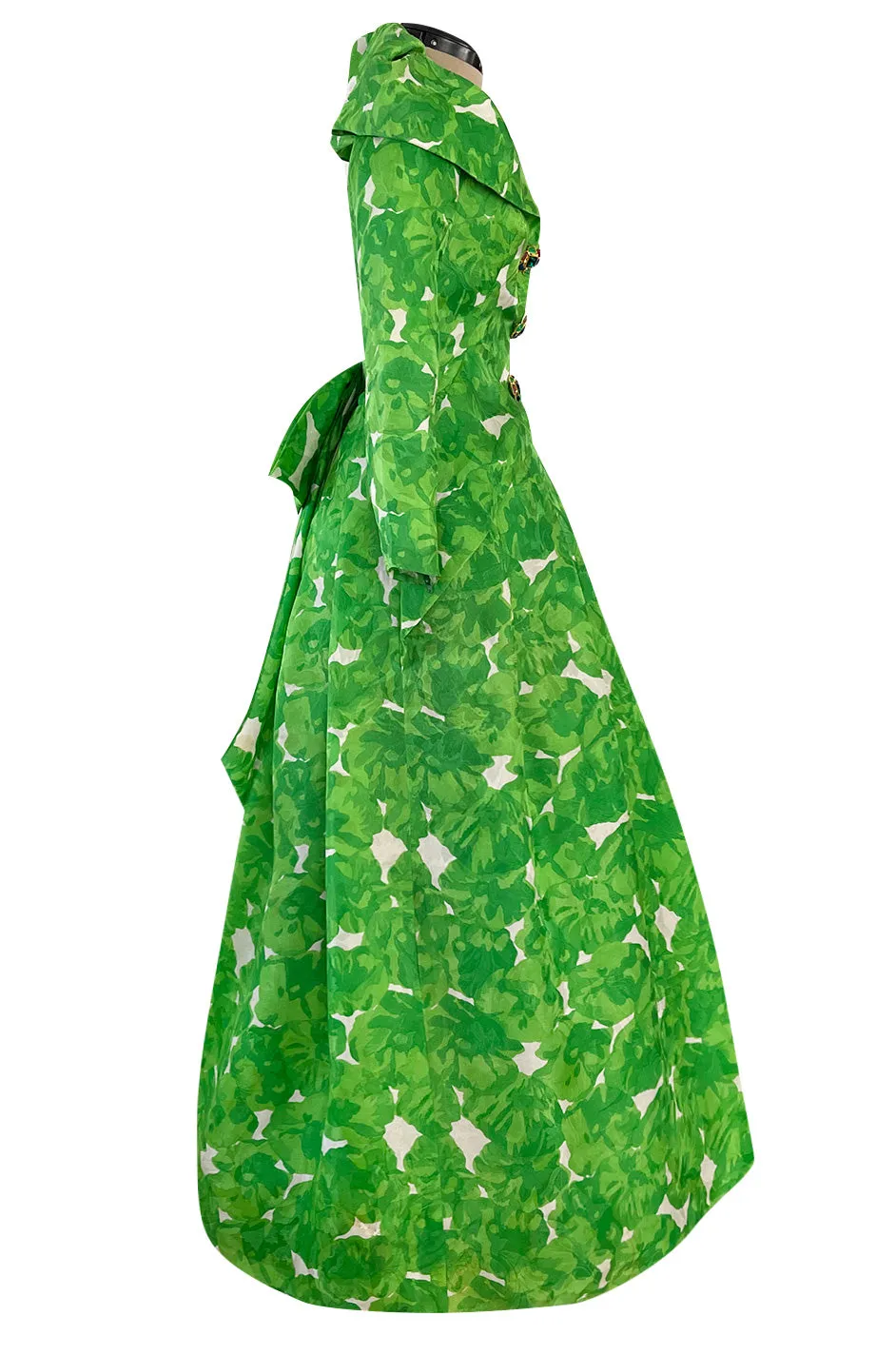 1980s Jean Louis Scherrer Couture Printed Green Silk Gazar Dress w Poured Glass Gripoix Buttons