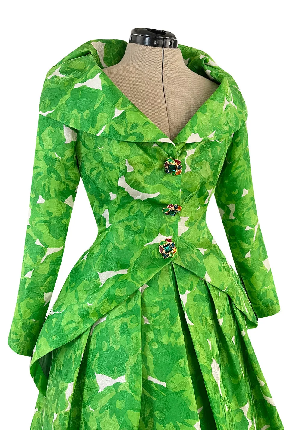 1980s Jean Louis Scherrer Couture Printed Green Silk Gazar Dress w Poured Glass Gripoix Buttons
