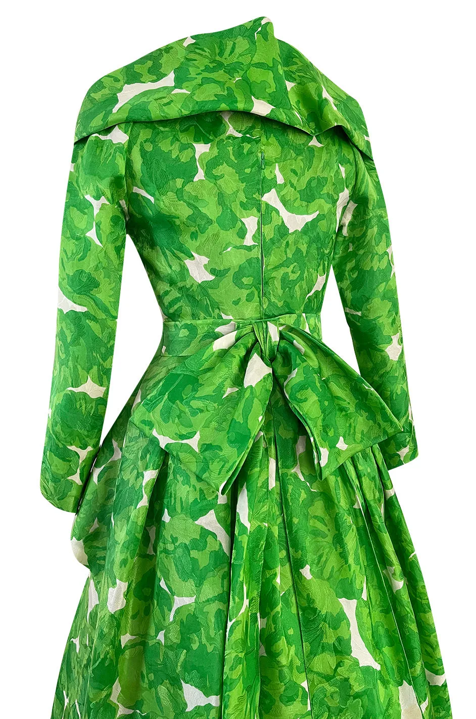 1980s Jean Louis Scherrer Couture Printed Green Silk Gazar Dress w Poured Glass Gripoix Buttons