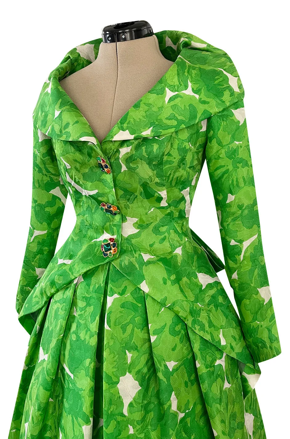 1980s Jean Louis Scherrer Couture Printed Green Silk Gazar Dress w Poured Glass Gripoix Buttons