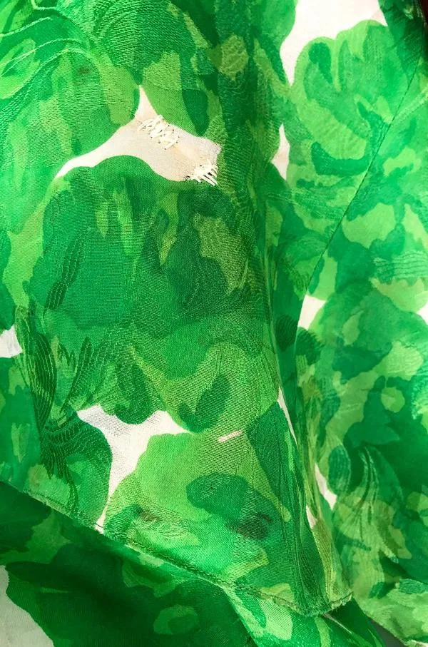 1980s Jean Louis Scherrer Couture Printed Green Silk Gazar Dress w Poured Glass Gripoix Buttons