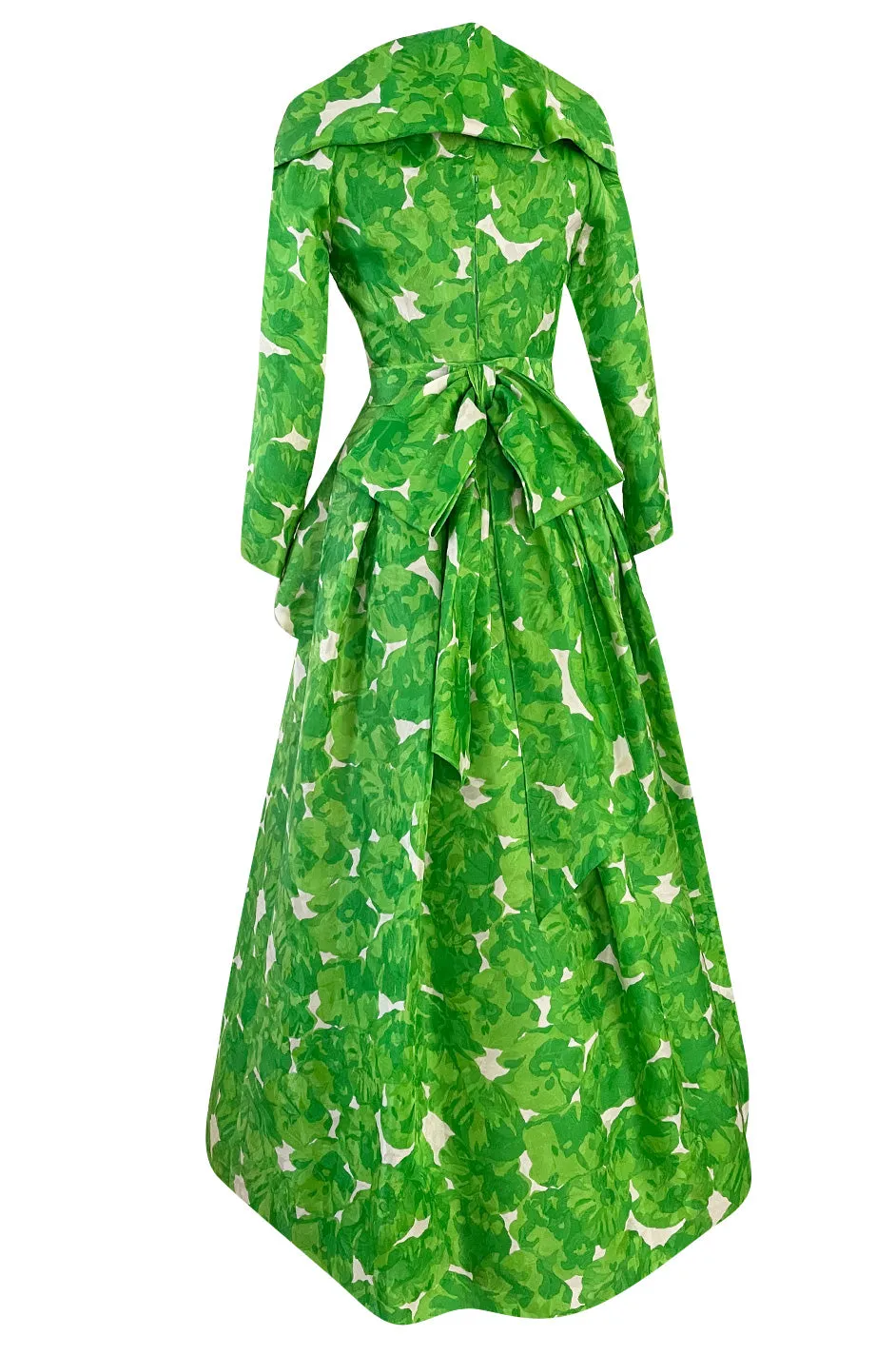 1980s Jean Louis Scherrer Couture Printed Green Silk Gazar Dress w Poured Glass Gripoix Buttons