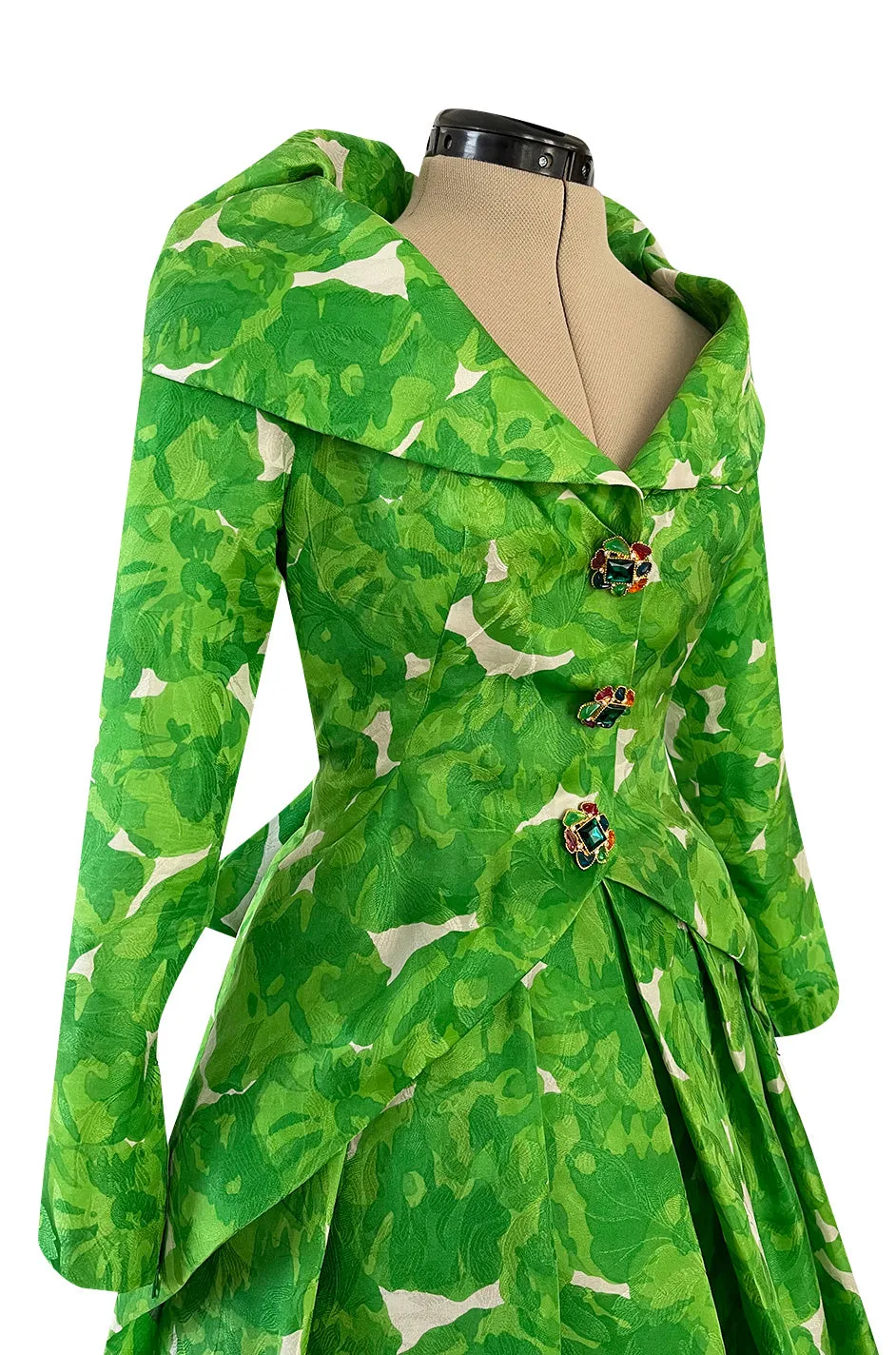 1980s Jean Louis Scherrer Couture Printed Green Silk Gazar Dress w Poured Glass Gripoix Buttons