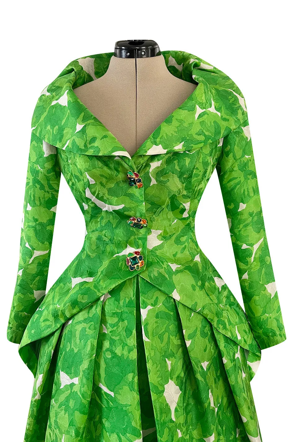1980s Jean Louis Scherrer Couture Printed Green Silk Gazar Dress w Poured Glass Gripoix Buttons