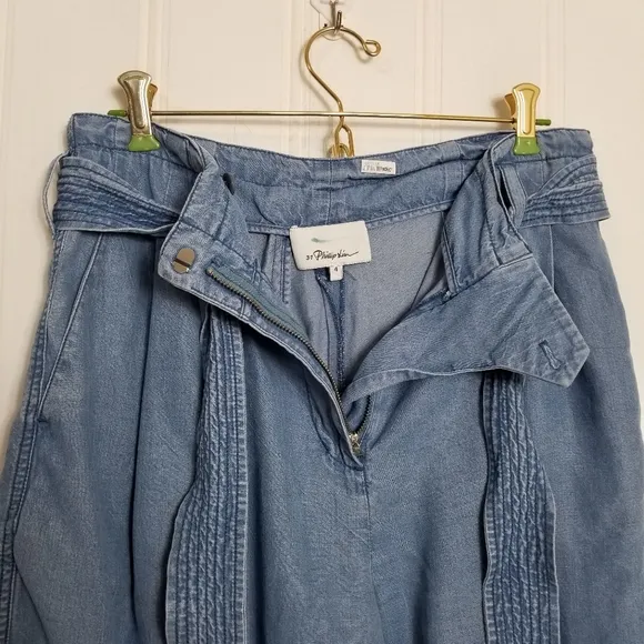 3.1 Phillip Lim Blue Chambray Shorts Womens 4 Tied Waist Wide Leg Tencel