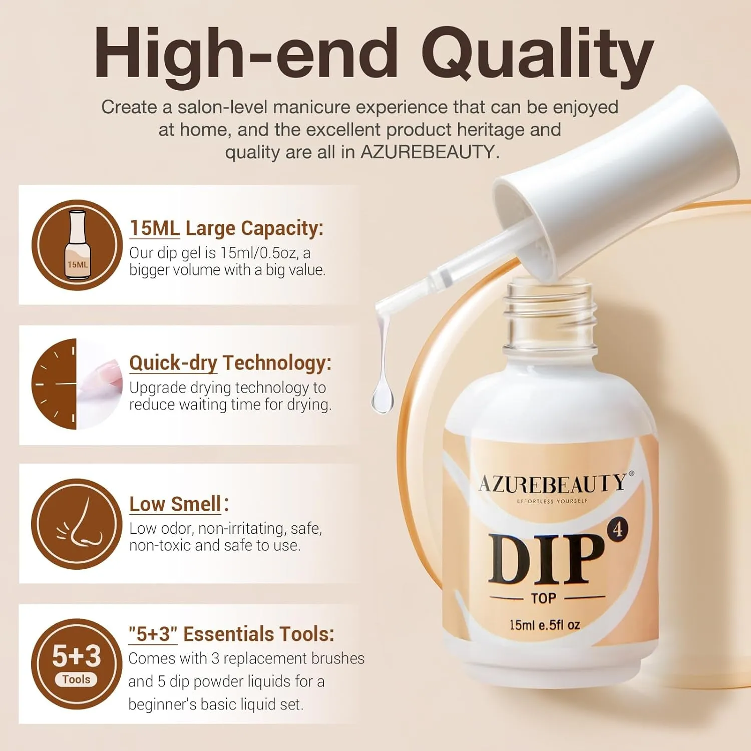 5 3 Pcs Dip Powder Liquid Set - 15Ml/0.5Oz Large Capacity Dipping Powder Base & Top, Bond, Activator, Brush Saver for Dip Powder Nail Kit Salon Home No Nail Lamp Needed