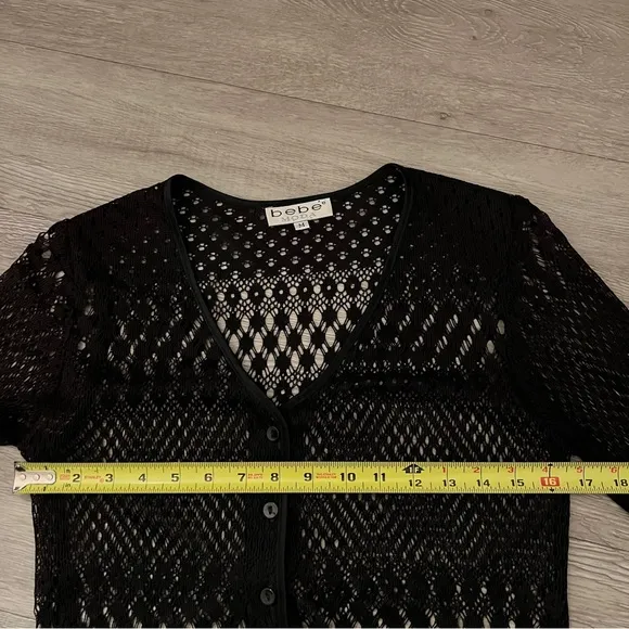 80s bebe moda Lace Macramé Crochet cardigan black button down V-neck