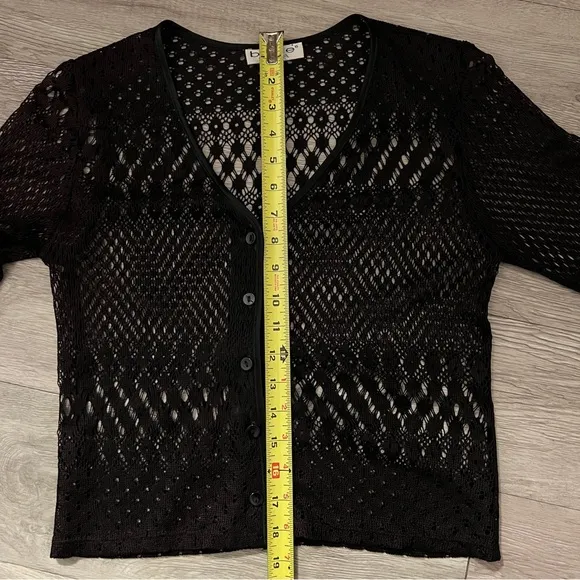 80s bebe moda Lace Macramé Crochet cardigan black button down V-neck