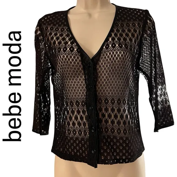 80s bebe moda Lace Macramé Crochet cardigan black button down V-neck