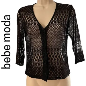 80s bebe moda Lace Macramé Crochet cardigan black button down V-neck