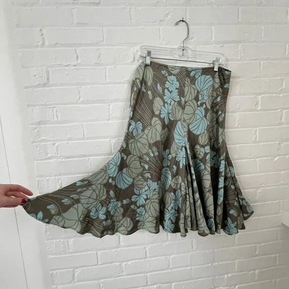 90s Y2K New York &amp; Co 100% Silk Bias Cut Floral Midi Skirt Size L