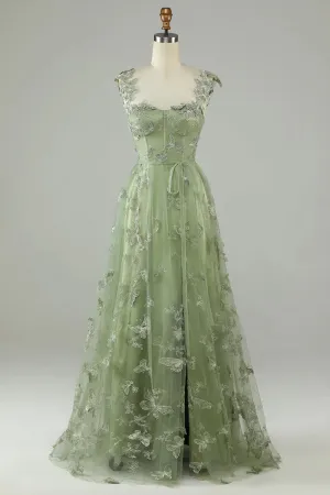 A line Corset Sage Green Long Formal Dresses 3D Butterflies