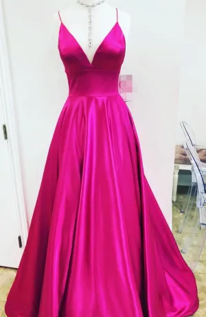 A line Spaghetti Straps High Quality Satin Fuchsia Prom Dress