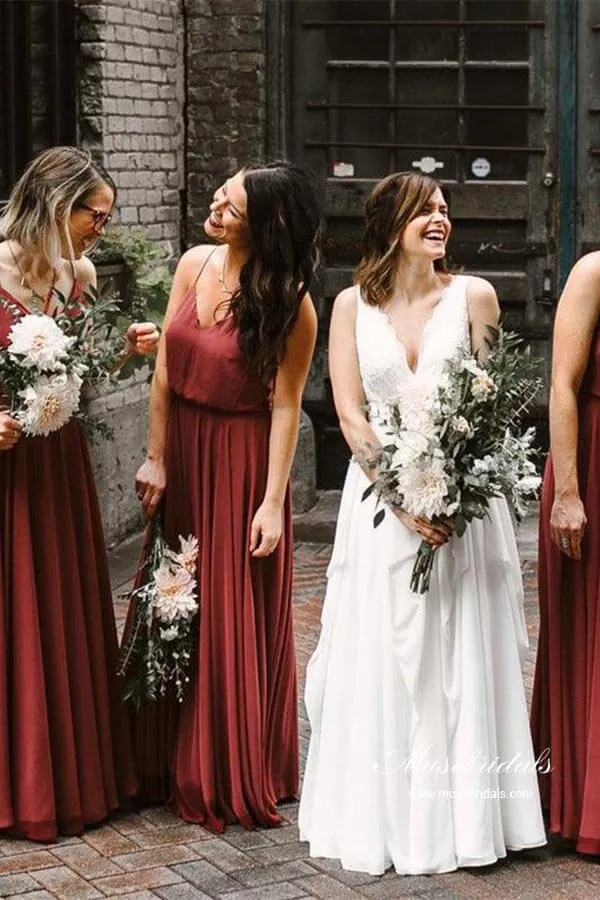 A-line Spaghetti Straps Long Bridesmaid Dresses, Wedding Party Dresses, MBD190