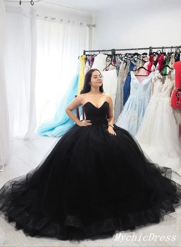 A Line Tulle 2025 Black Prom Dresses UK Sweetheart Strapless Long Evening Gown
