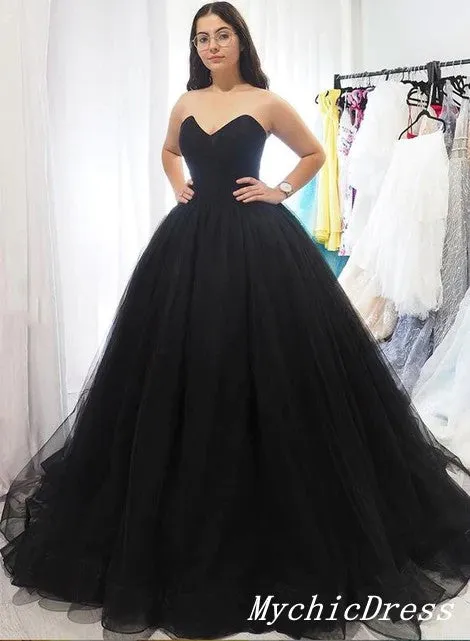 A Line Tulle 2025 Black Prom Dresses UK Sweetheart Strapless Long Evening Gown