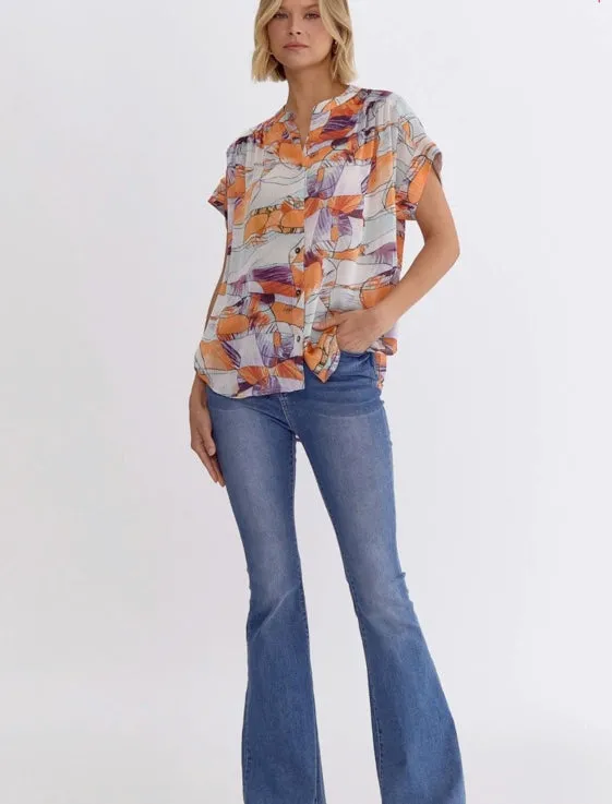 Abstract Sunset Button Down Top