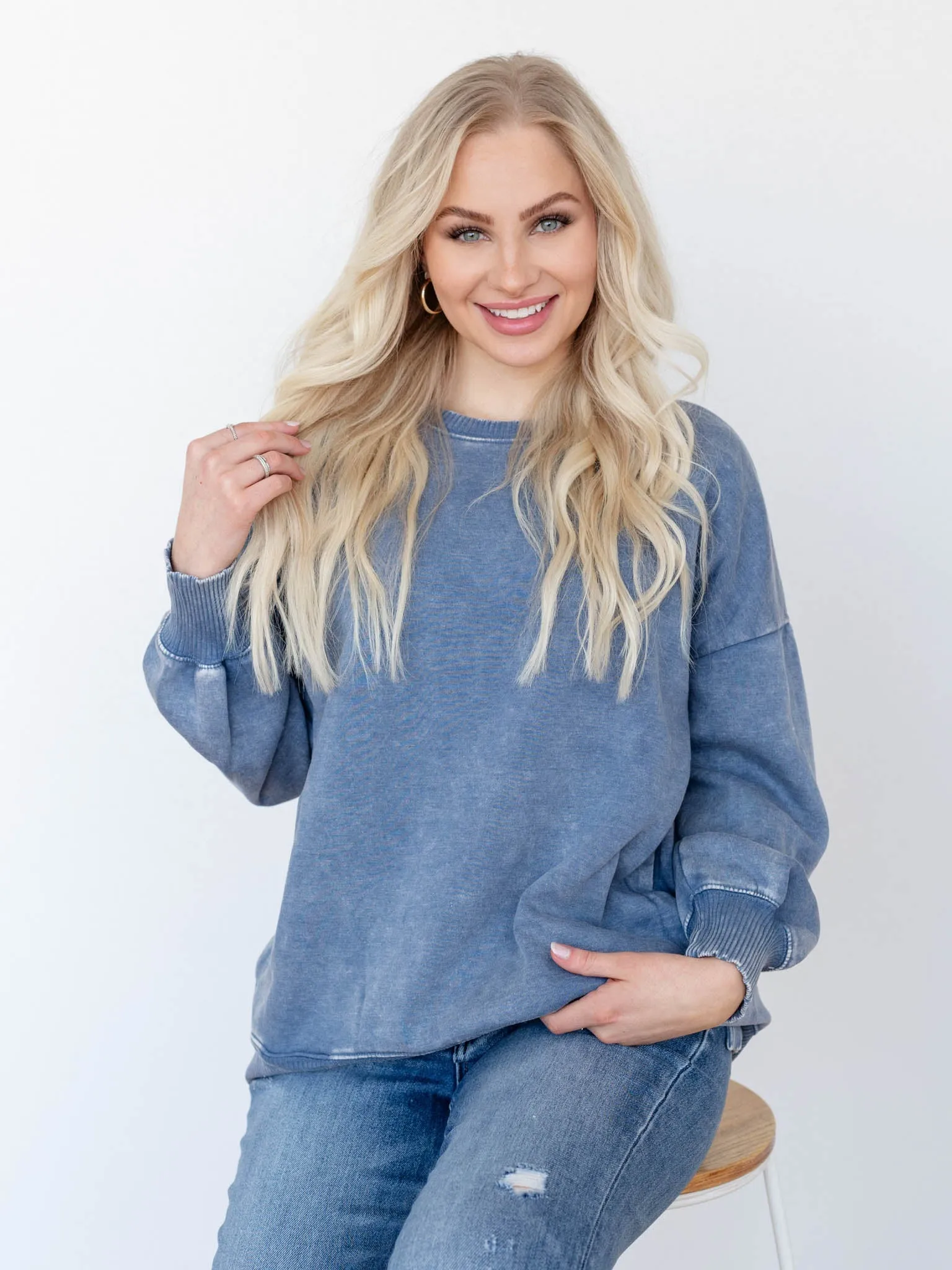 Acid Wash Hi-Low Hem Fleece Pullover