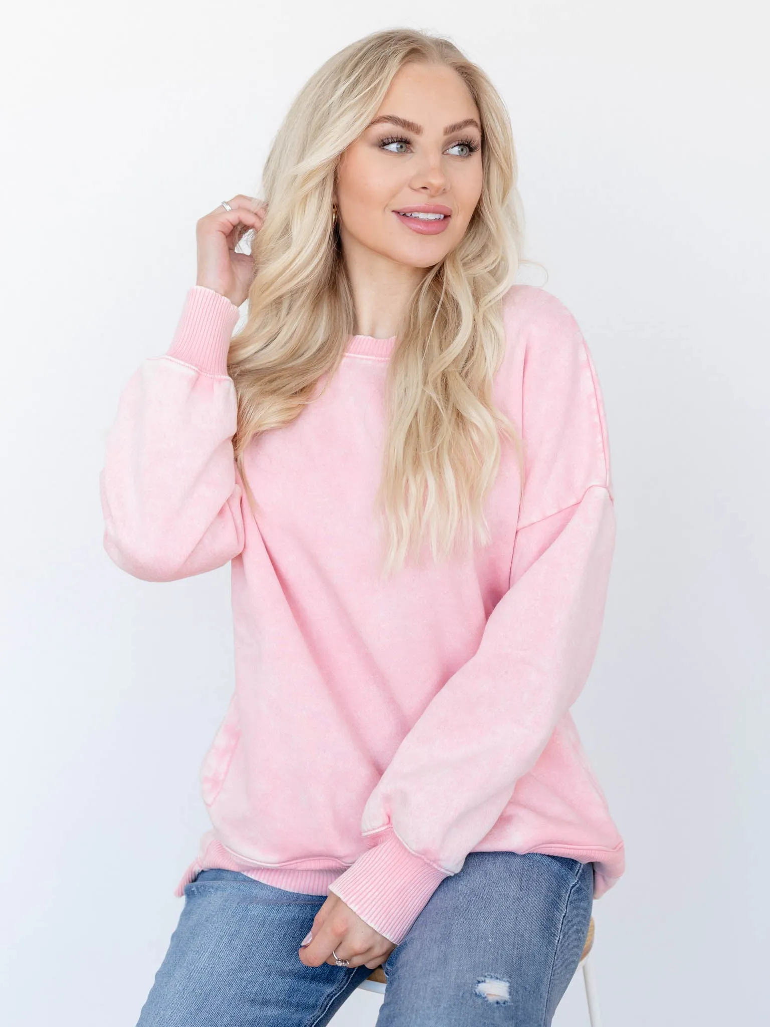 Acid Wash Hi-Low Hem Fleece Pullover