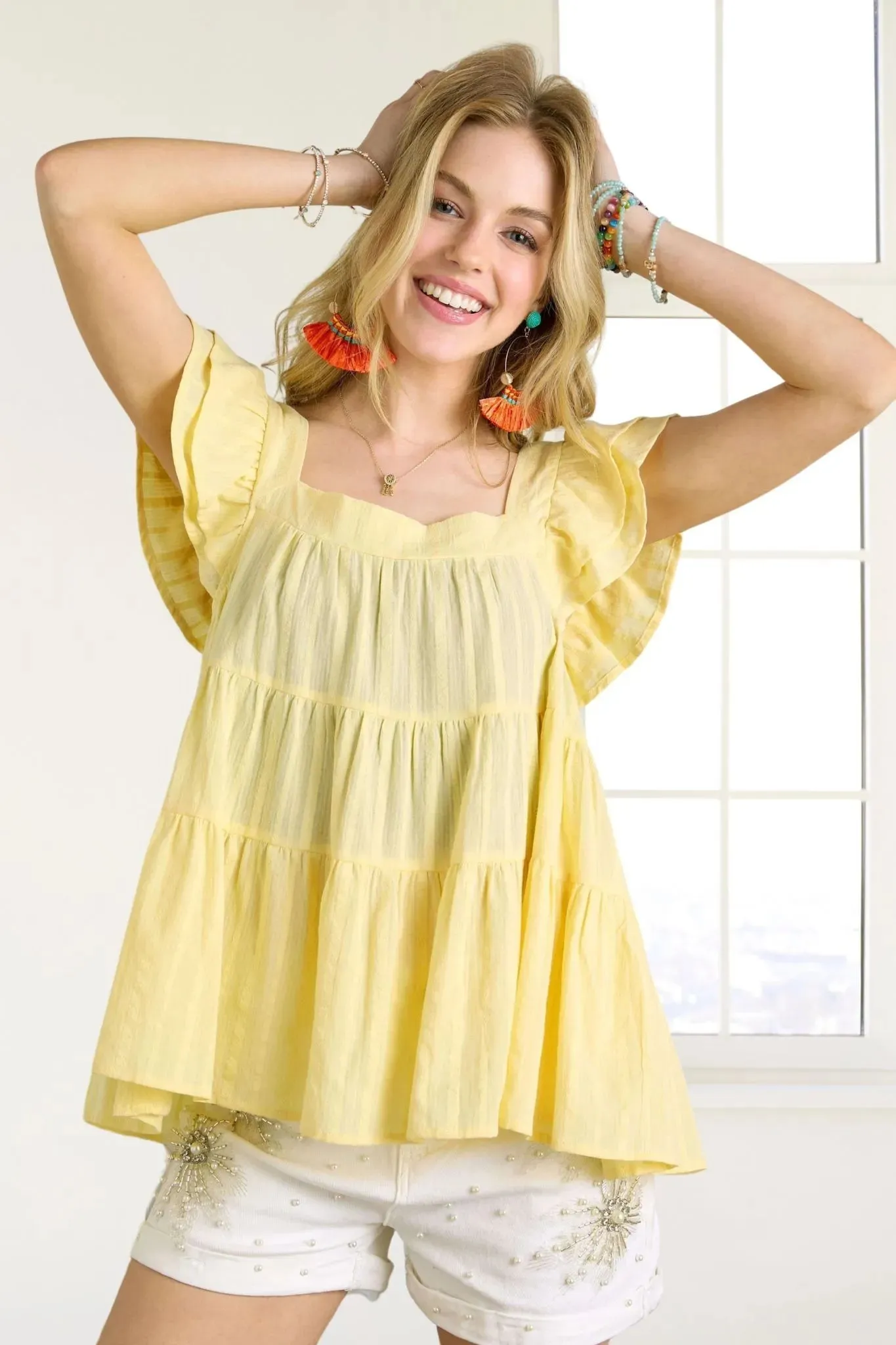 ADORA Ruffle Sleeve Babydoll Tunic Top