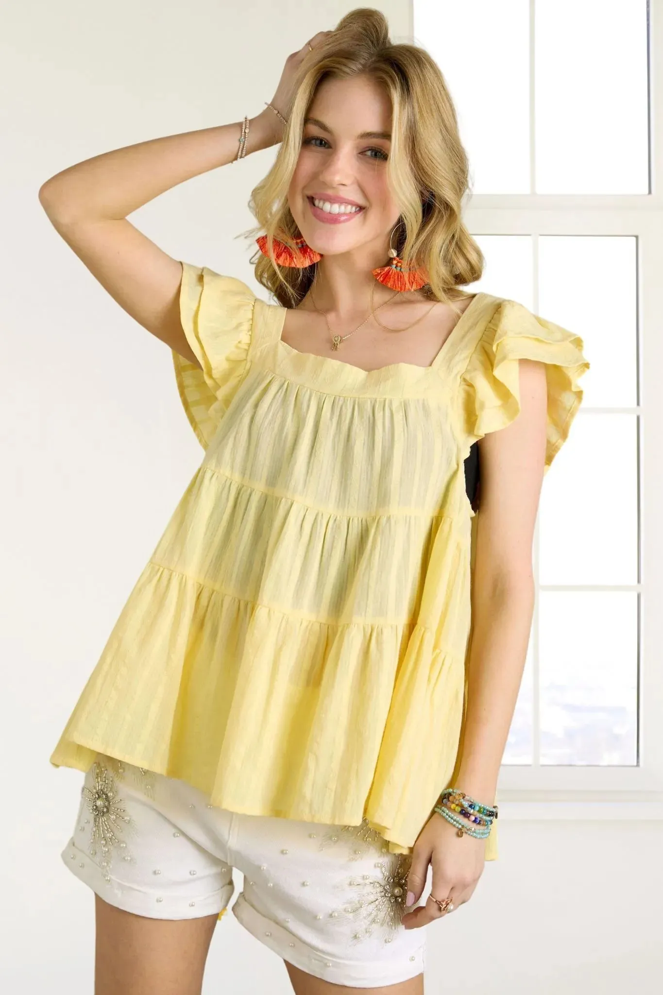 ADORA Ruffle Sleeve Babydoll Tunic Top