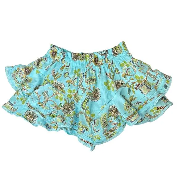 Aerie Rock And Ruffle Floral Cotton Mini Skirt Blue Teal Size S Flowy Pull On