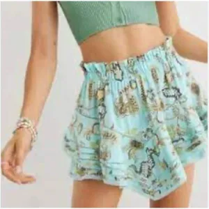 Aerie Rock And Ruffle Floral Cotton Mini Skirt Blue Teal Size S Flowy Pull On