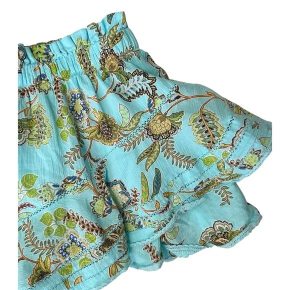 Aerie Rock And Ruffle Floral Cotton Mini Skirt Blue Teal Size S Flowy Pull On