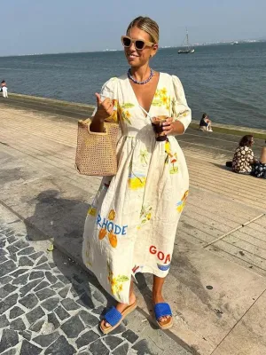 AKIRA - Vintage Floral Print Linen Dress