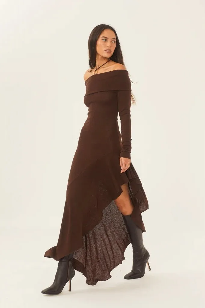 Alie Off-shoulder Flare Midi Knit Dress