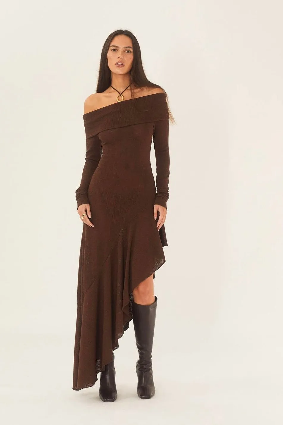 Alie Off-shoulder Flare Midi Knit Dress