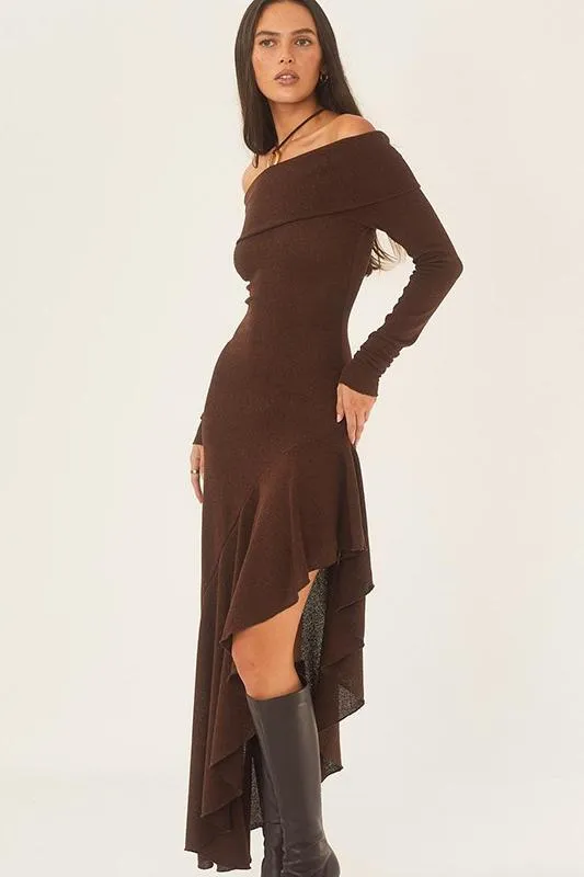 Alie Off-shoulder Flare Midi Knit Dress