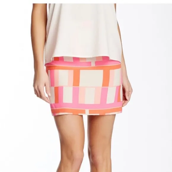 Amanda Uprichard Plaid Geometric Mini Skirt Satin Silk Hot Pink Cream XS