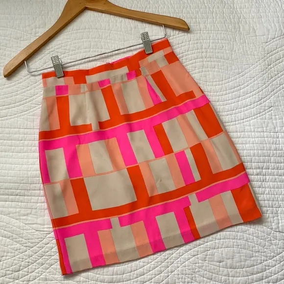 Amanda Uprichard Plaid Geometric Mini Skirt Satin Silk Hot Pink Cream XS