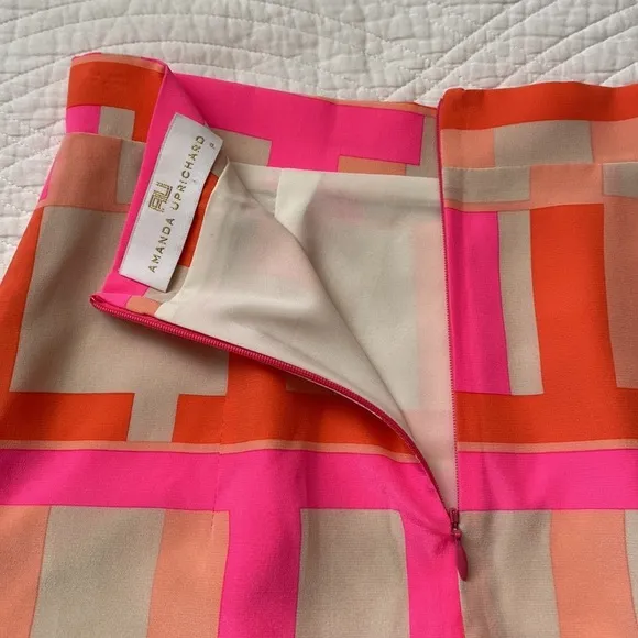 Amanda Uprichard Plaid Geometric Mini Skirt Satin Silk Hot Pink Cream XS