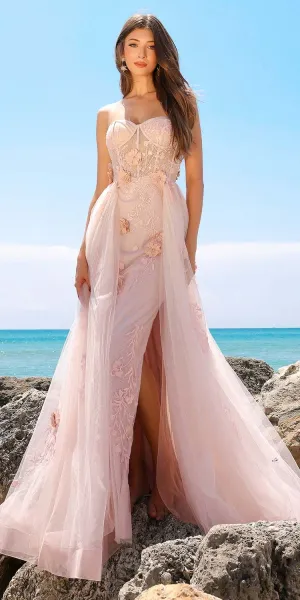 Amelia Couture TM1002 Long Strapless Mesh Overskirt Bustier Dress