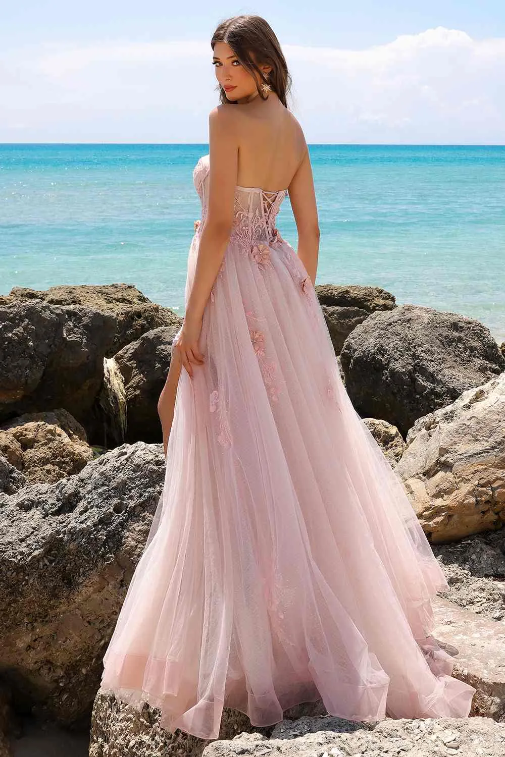 Amelia Couture TM1002 Long Strapless Mesh Overskirt Bustier Dress