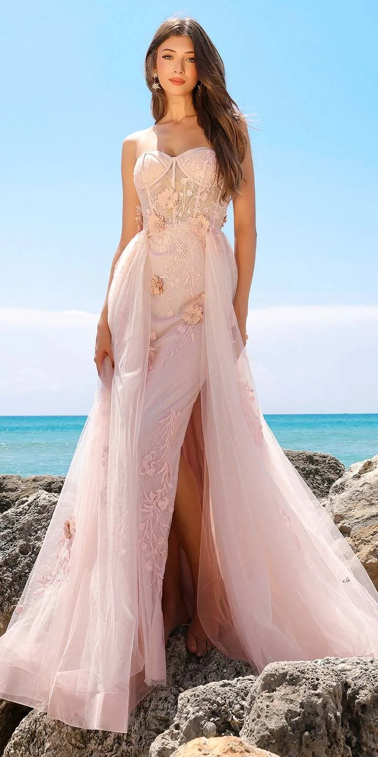 Amelia Couture TM1002 Long Strapless Mesh Overskirt Bustier Dress