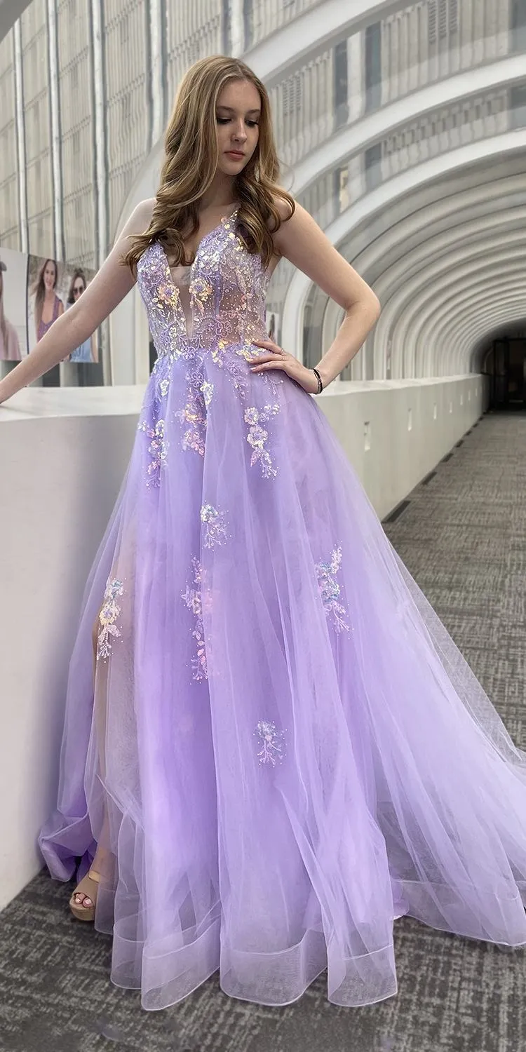 Amelia Couture TM1003 Long A-Line Ethereal Mesh Skirt Side Slit Dress