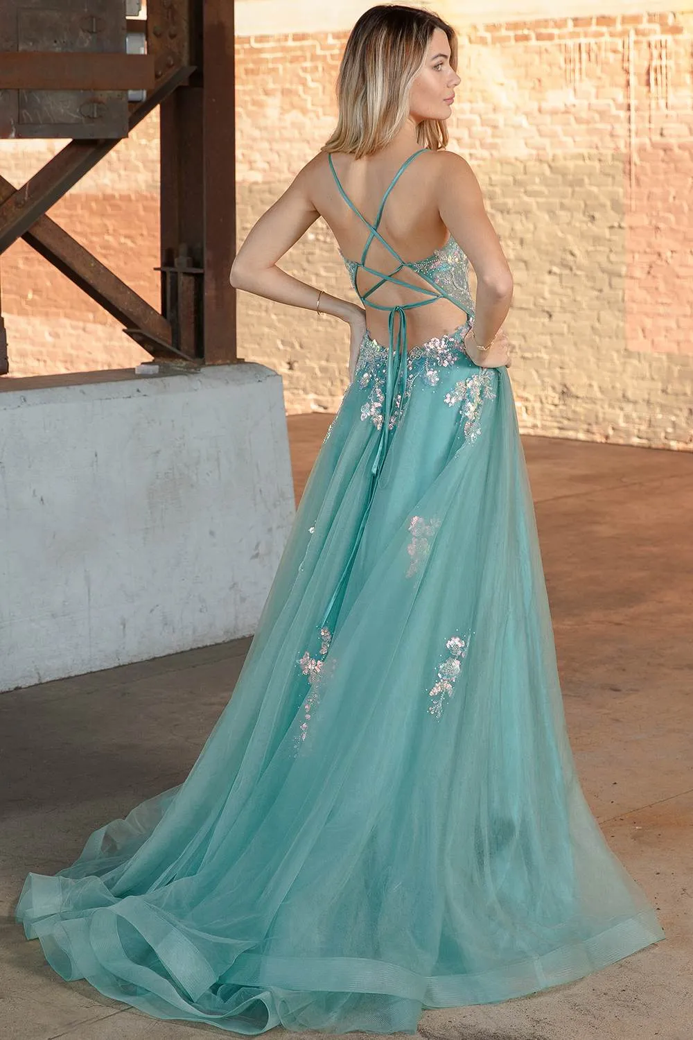 Amelia Couture TM1003 Long A-Line Ethereal Mesh Skirt Side Slit Dress