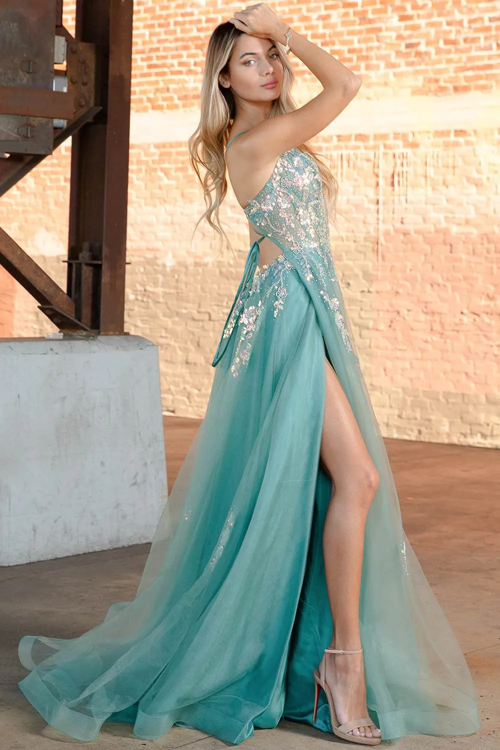 Amelia Couture TM1003 Long A-Line Ethereal Mesh Skirt Side Slit Dress