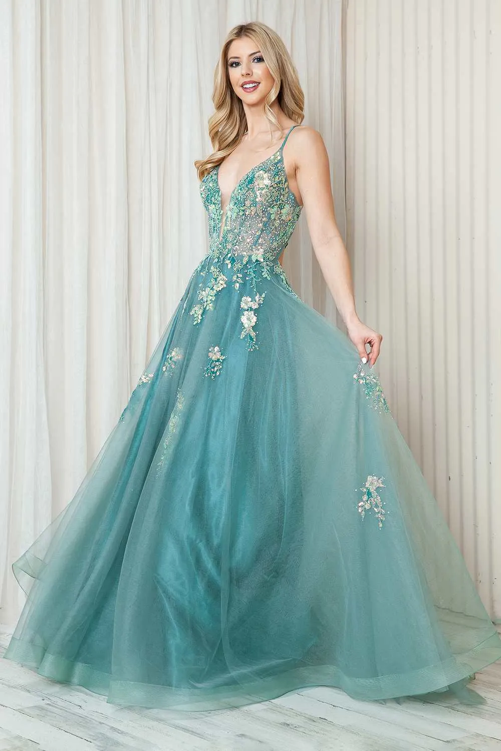 Amelia Couture TM1003 Long A-Line Ethereal Mesh Skirt Side Slit Dress