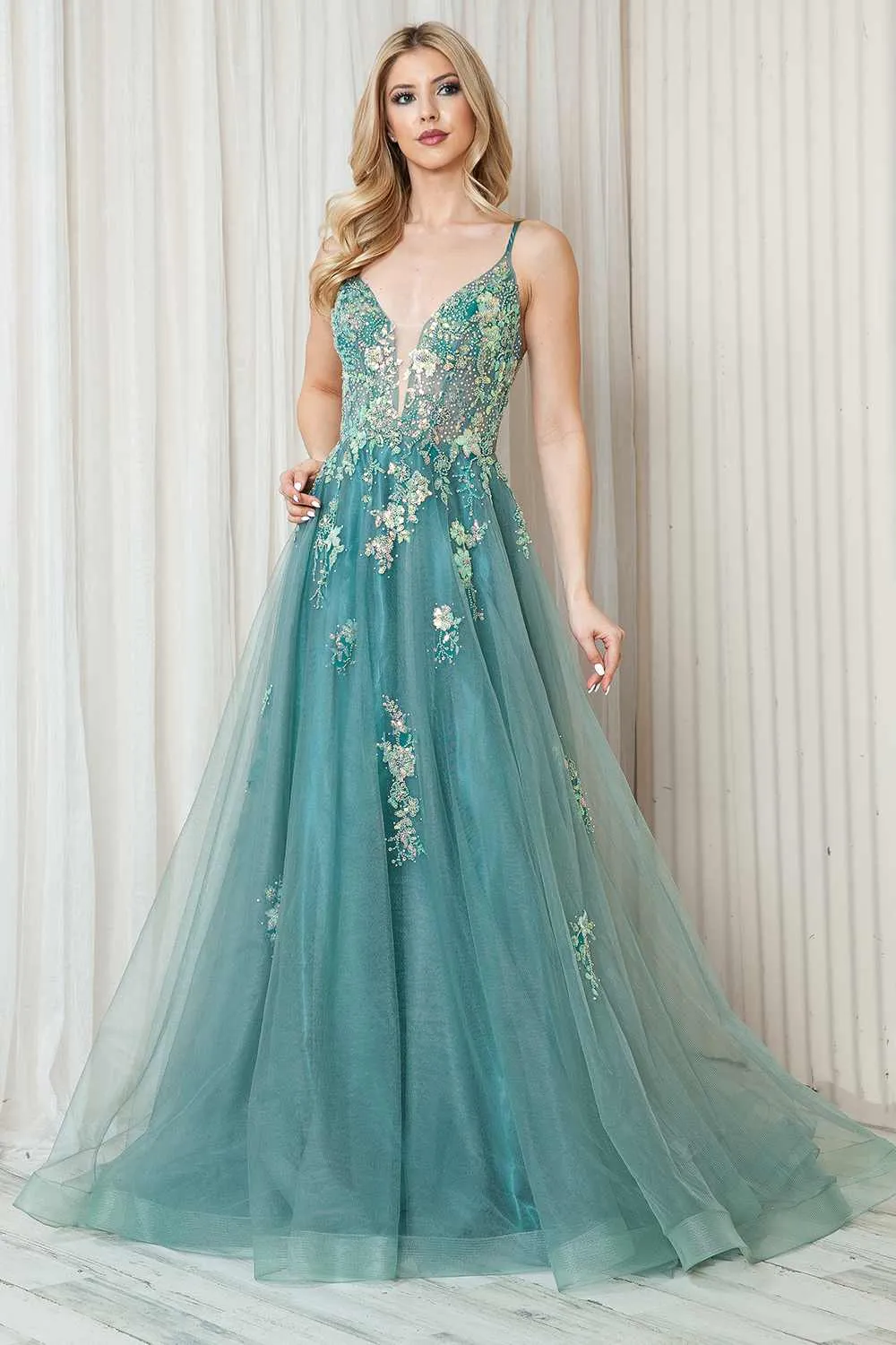 Amelia Couture TM1003 Long A-Line Ethereal Mesh Skirt Side Slit Dress