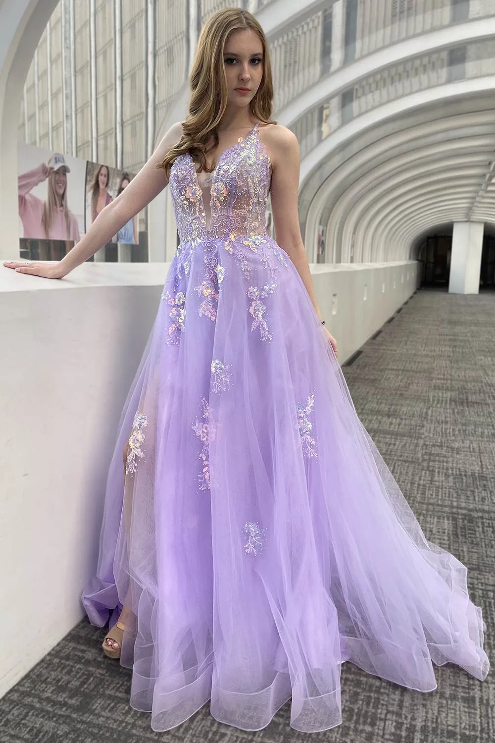 Amelia Couture TM1003 Long A-Line Ethereal Mesh Skirt Side Slit Dress
