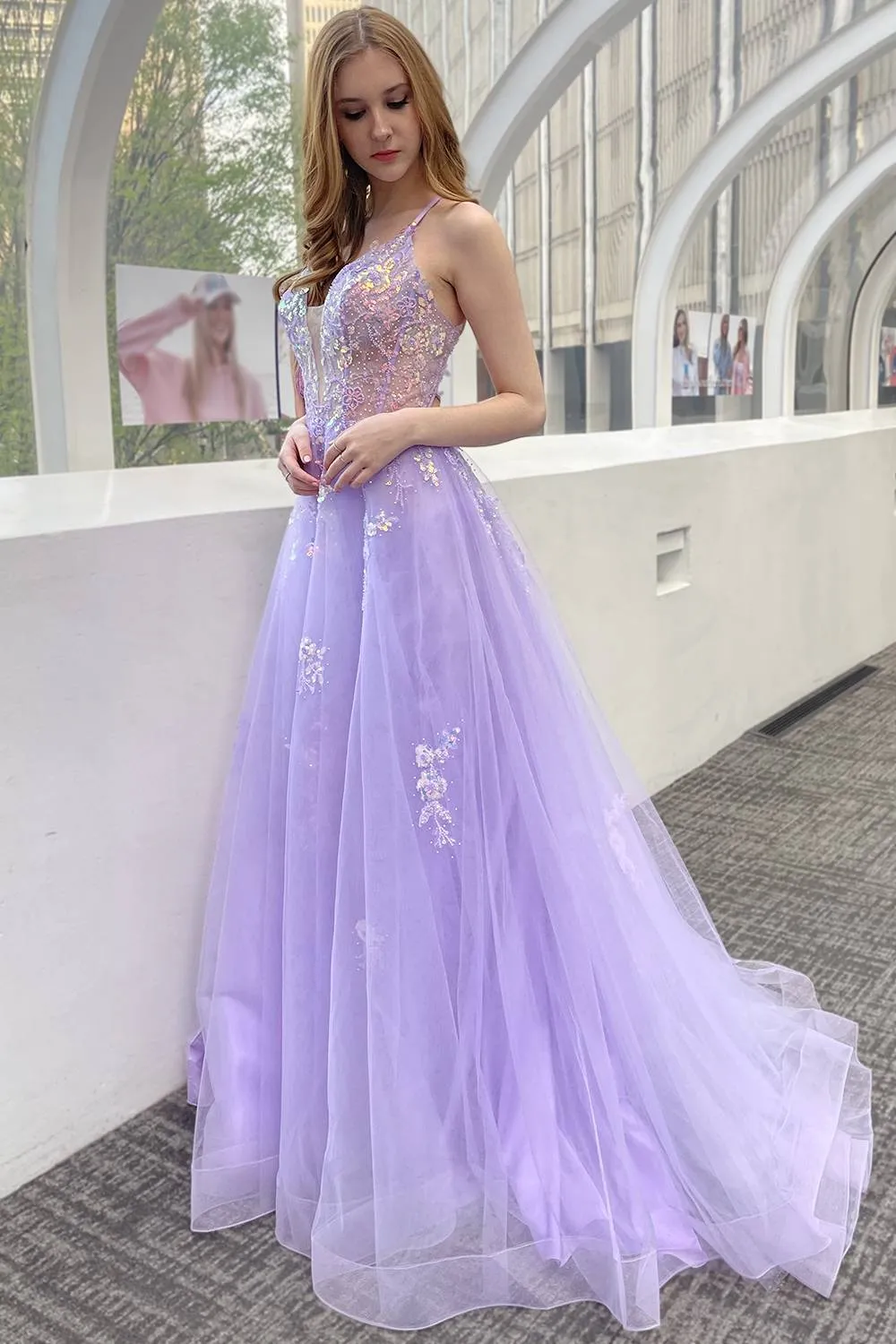 Amelia Couture TM1003 Long A-Line Ethereal Mesh Skirt Side Slit Dress