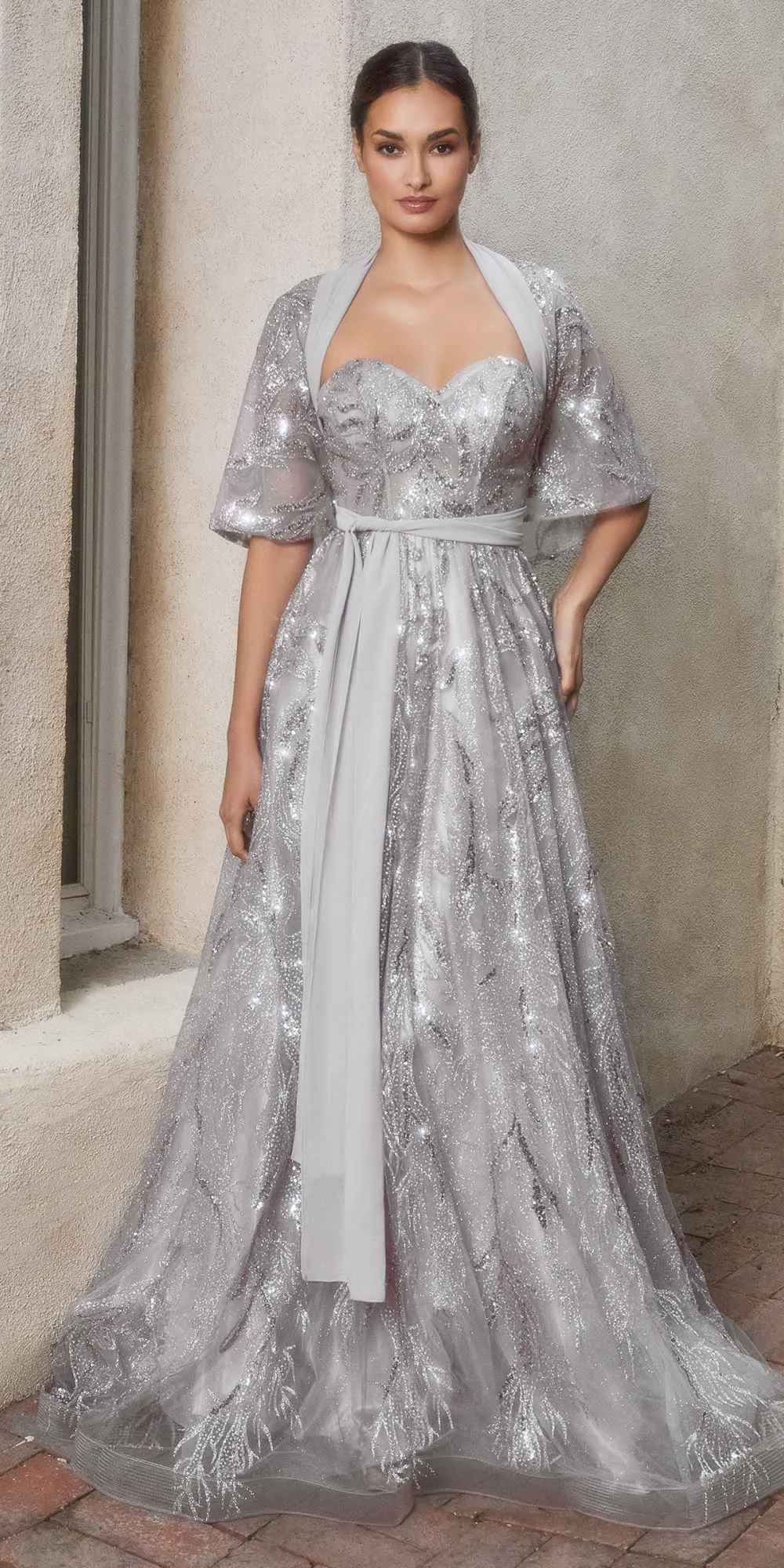 Andrea & Leo A1174 Shimmer Leaf Motif Ball Gown with Matching Shawl