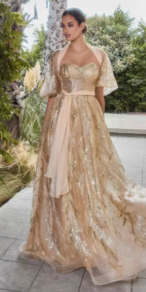 Andrea & Leo A1174 Shimmer Leaf Motif Ball Gown with Matching Shawl