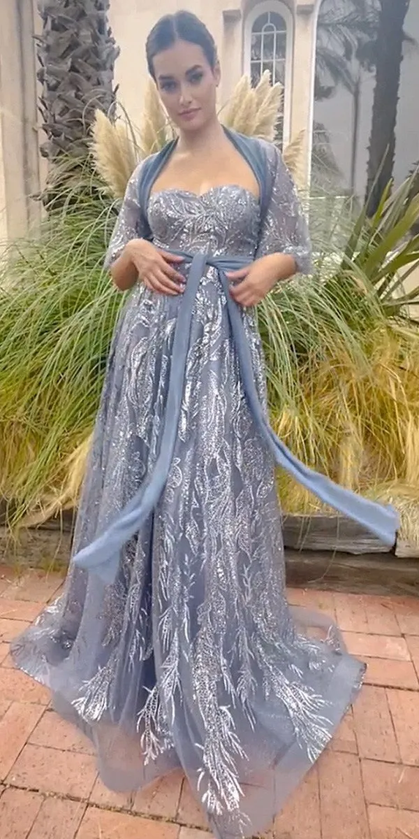 Andrea & Leo A1174 Shimmer Leaf Motif Ball Gown with Matching Shawl