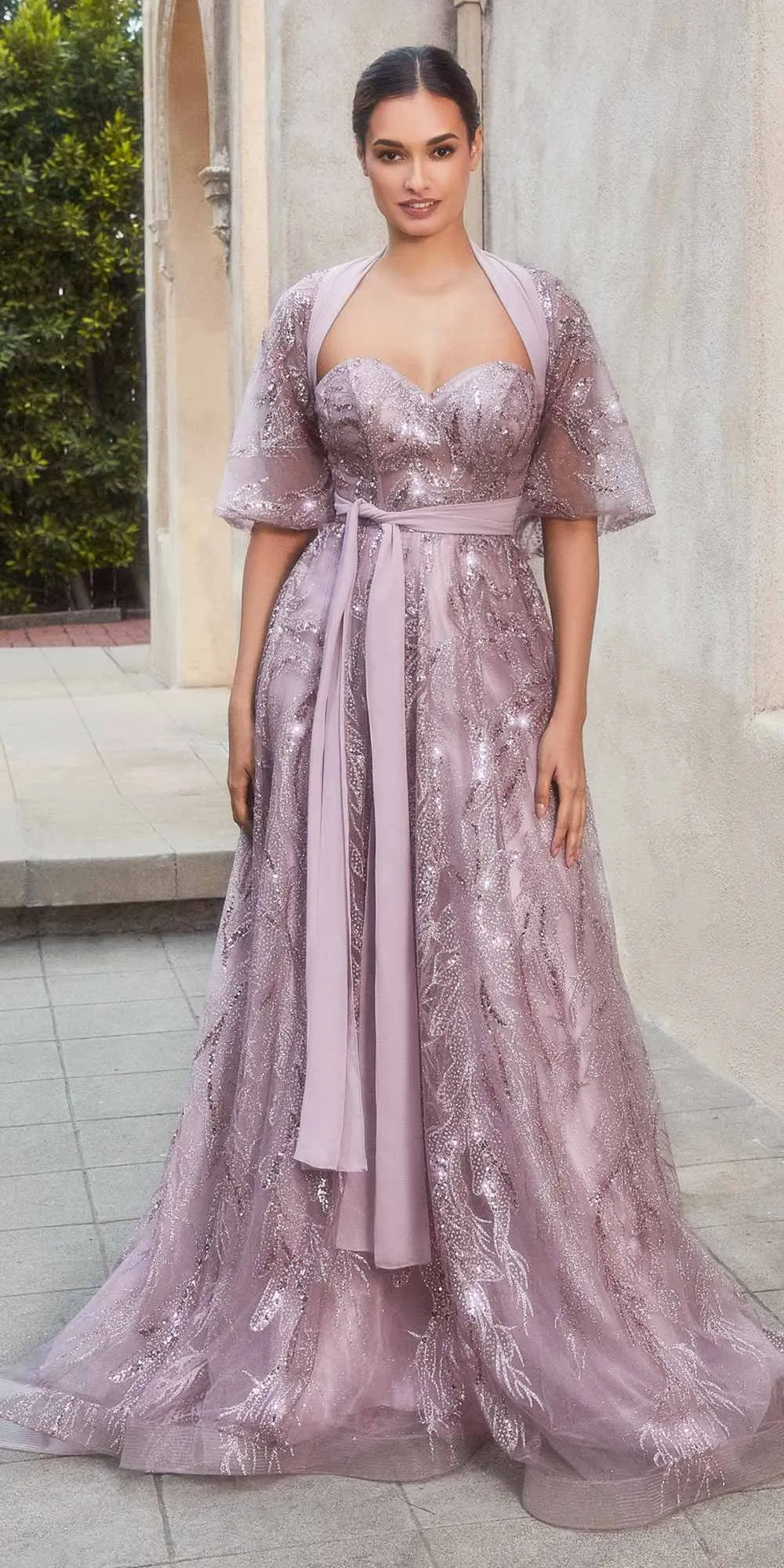 Andrea & Leo A1174 Shimmer Leaf Motif Ball Gown with Matching Shawl